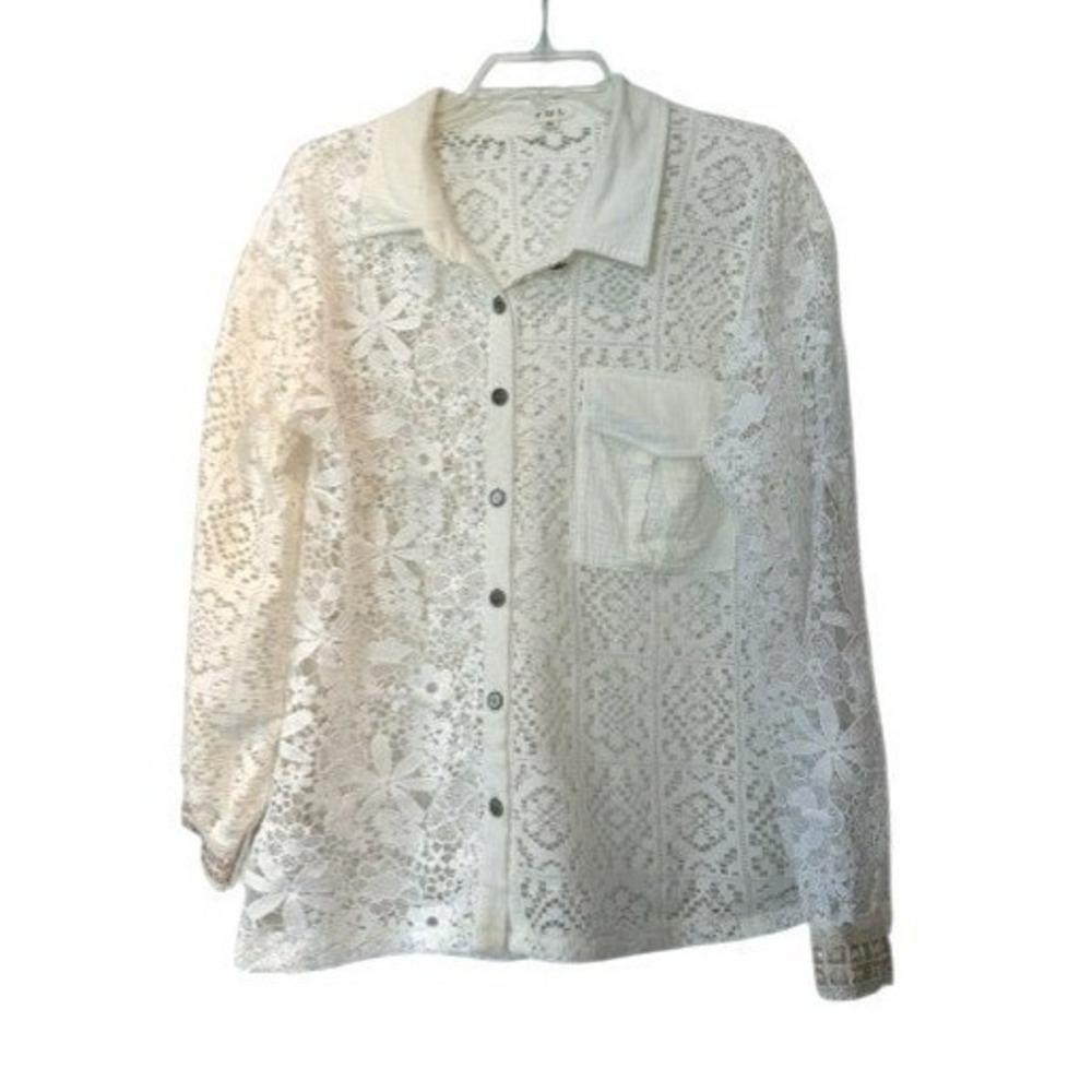 POL White Cotton Lace Button Down Shirt Sequin Embroidered Cuff Boho Small